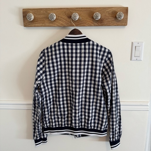 Gingham MERONA BomberJacket Navy & White Zip up Long Sleeve preppy checked Large - Picture 3 of 8